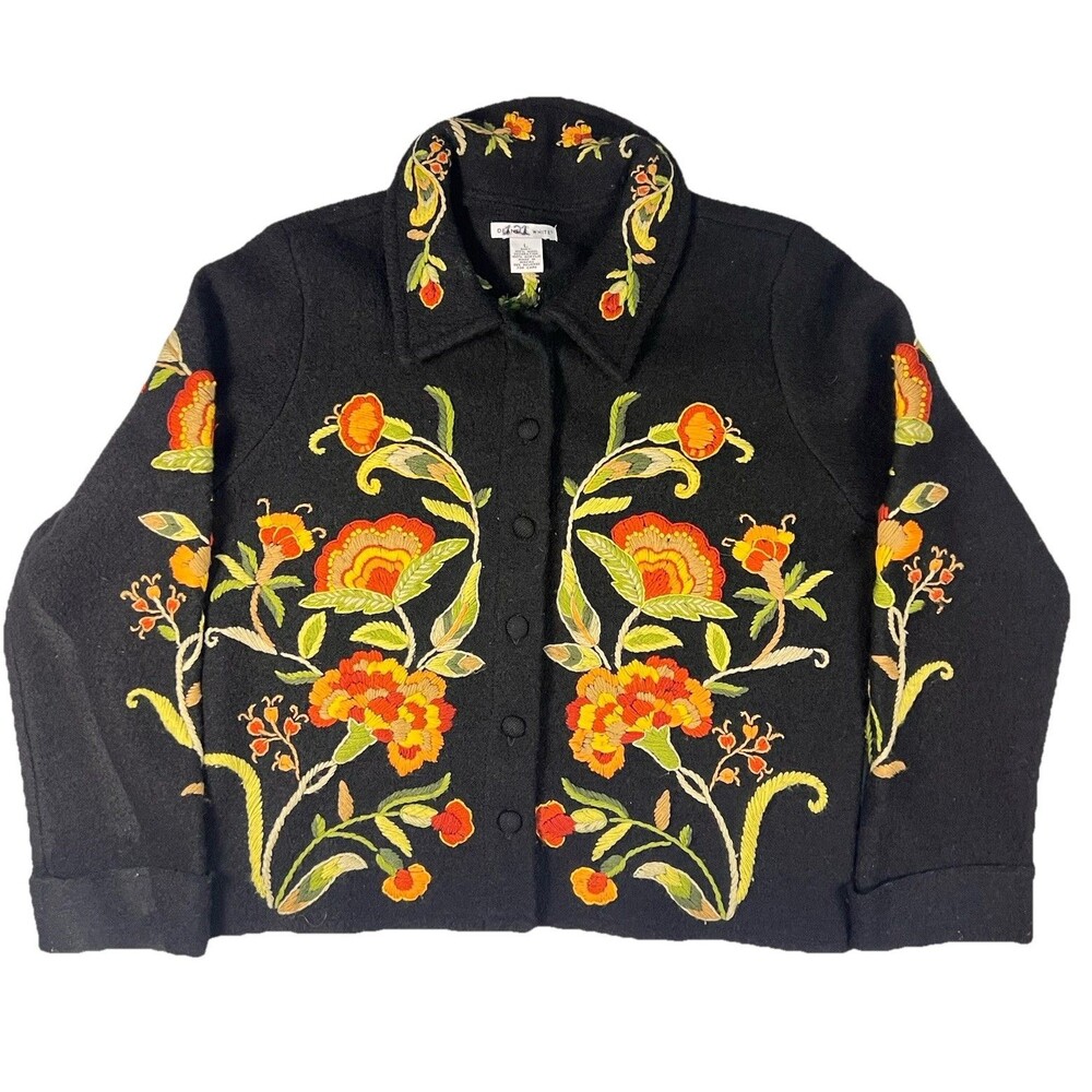 Vintage Dean and White Floral Embroidery Sweater Wool Womens Large Cardigan